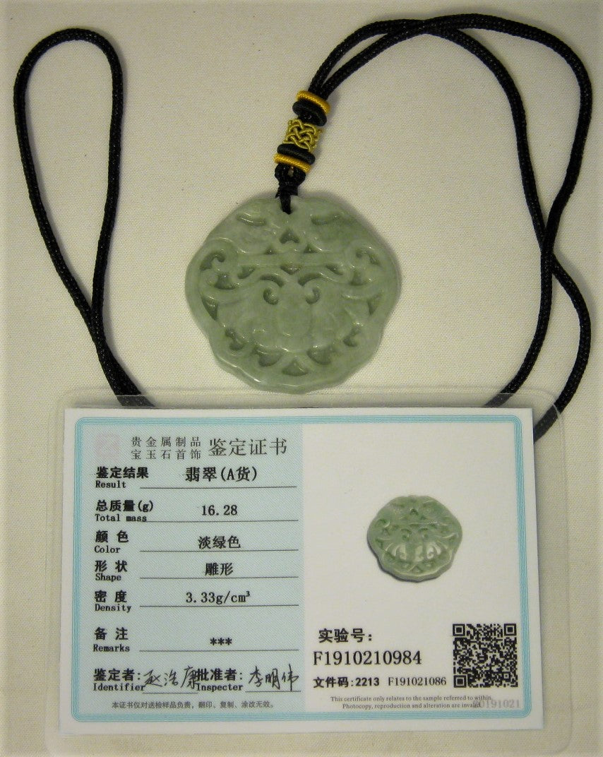 Certified Natural A-Grade Jadeite Jade Pendant Carving of Bat Money Longevity