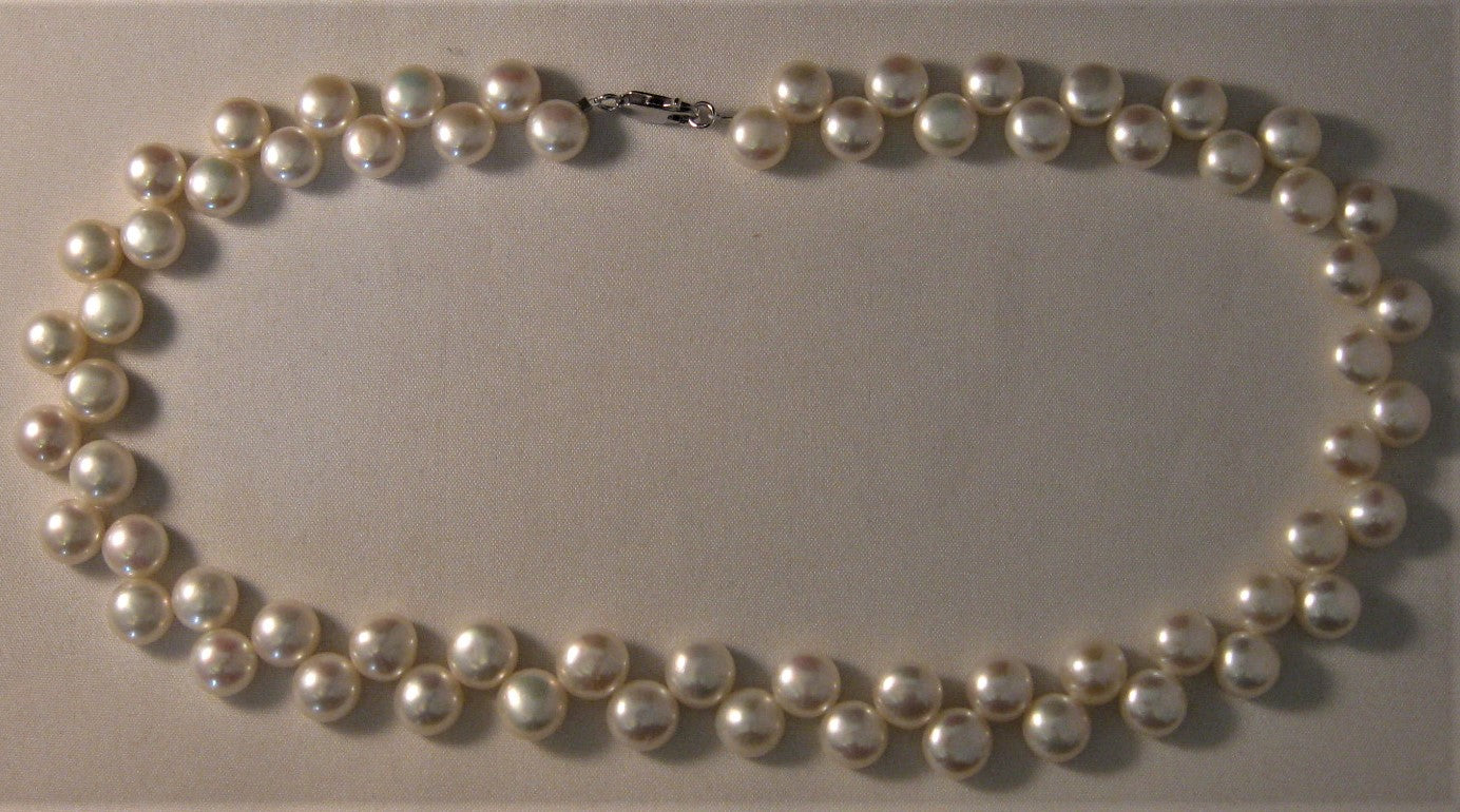 Beautiful 2-Row White Pancake Cultured Pearl Necklace w/925 Sterling Silver Clasp