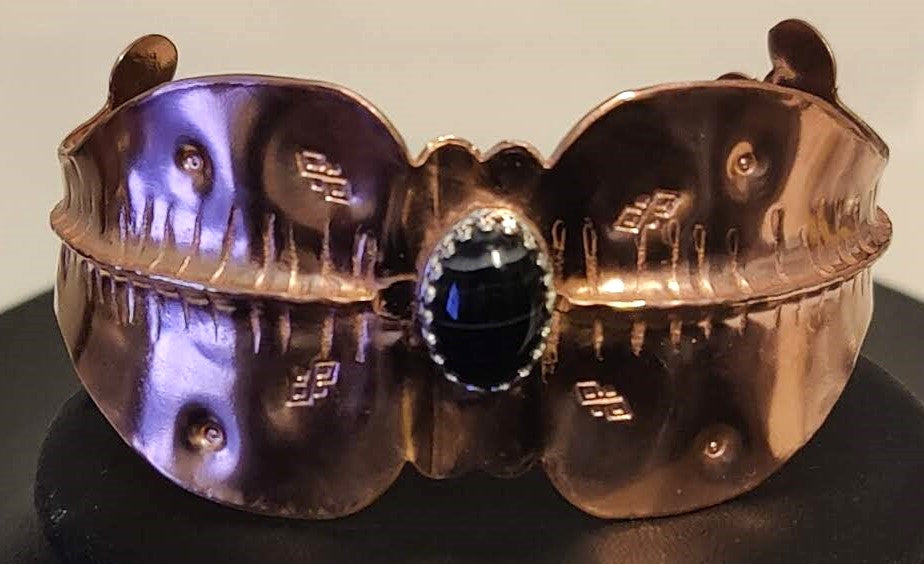 Copper & Sterling Silver Cuff Bracelet w/Black Lace Agate Stone