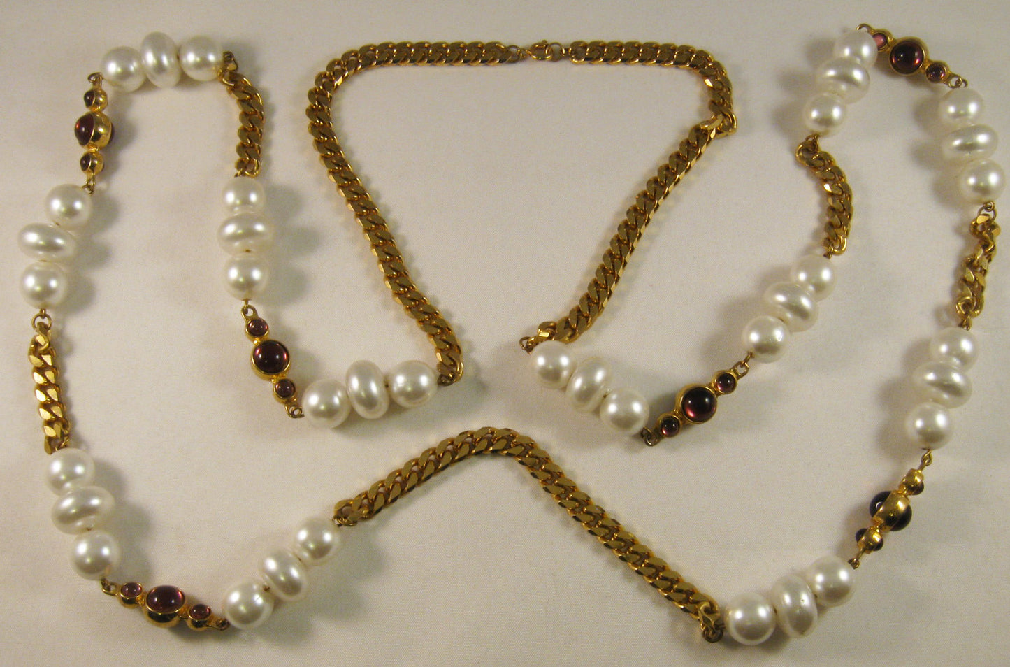 Vintage 46" Beads and Amethyst Bezel-set Stones Necklace on Gold-tone Chain