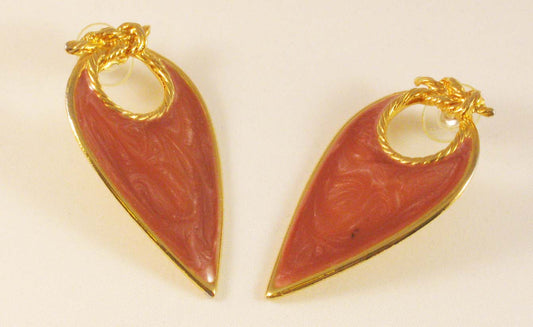 Tear-drop Gold-tone Pink Enameled Pierced Earrings