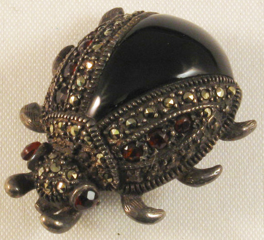 Sterling Beatle Bug Brooch w/Garnet and Marcasite Stones and Black Enamel