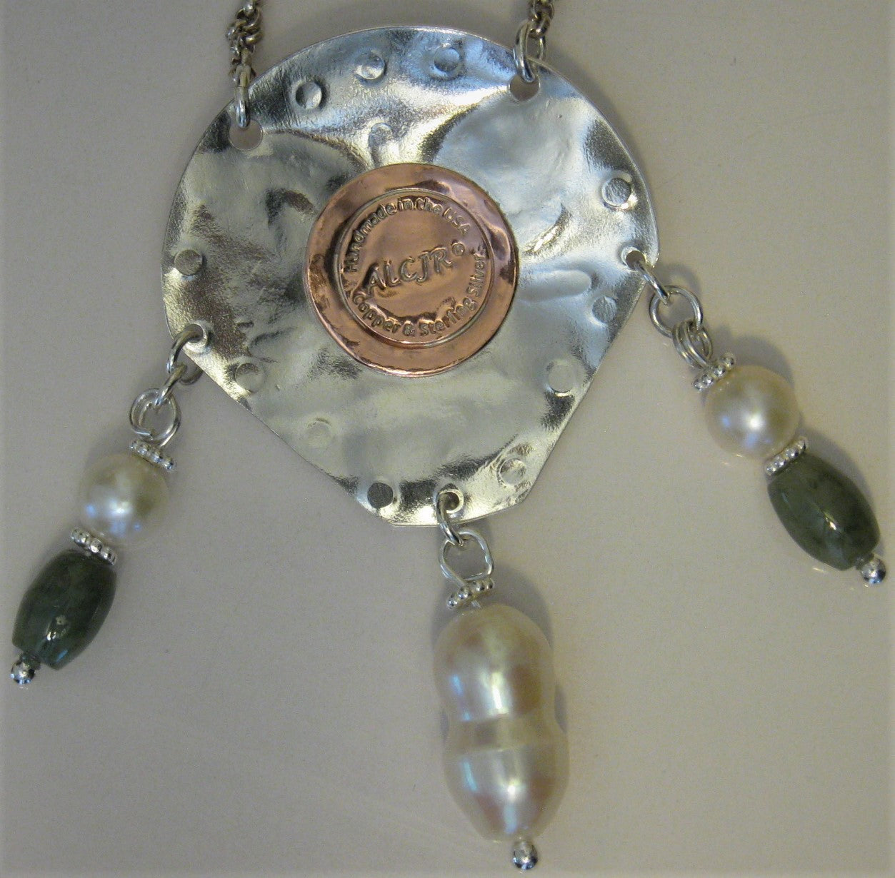 Handcrafted Sterling Silver and Copper Cultured Pearl & Jade Pendant