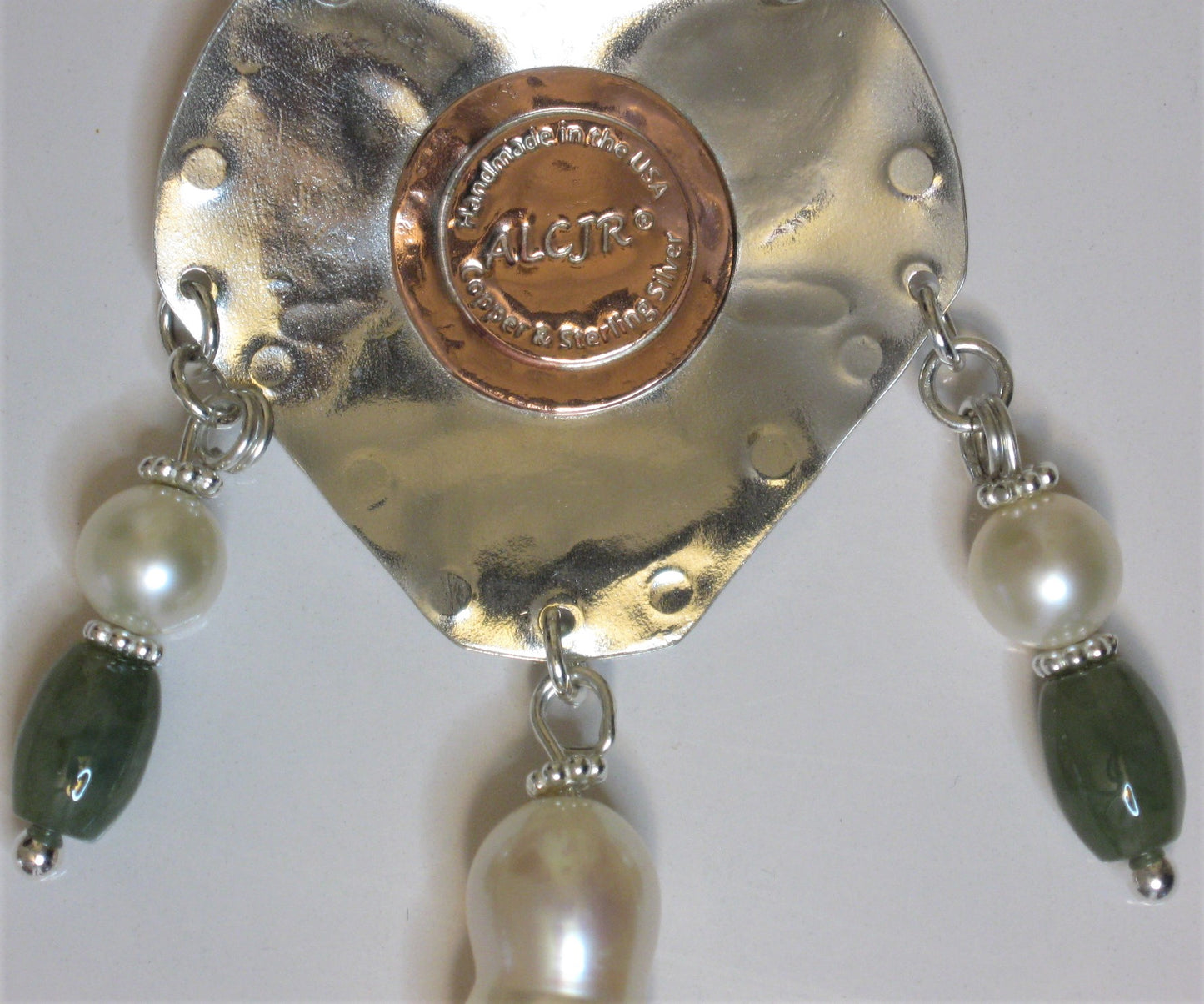 Handcrafted Sterling Silver and Copper Cultured Pearl & Jade Pendant