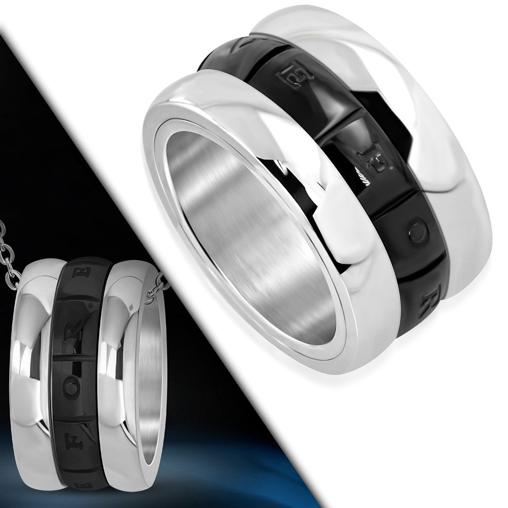 Stainless Steel and Black-tone Love Forever Monogram Spinning Ring
