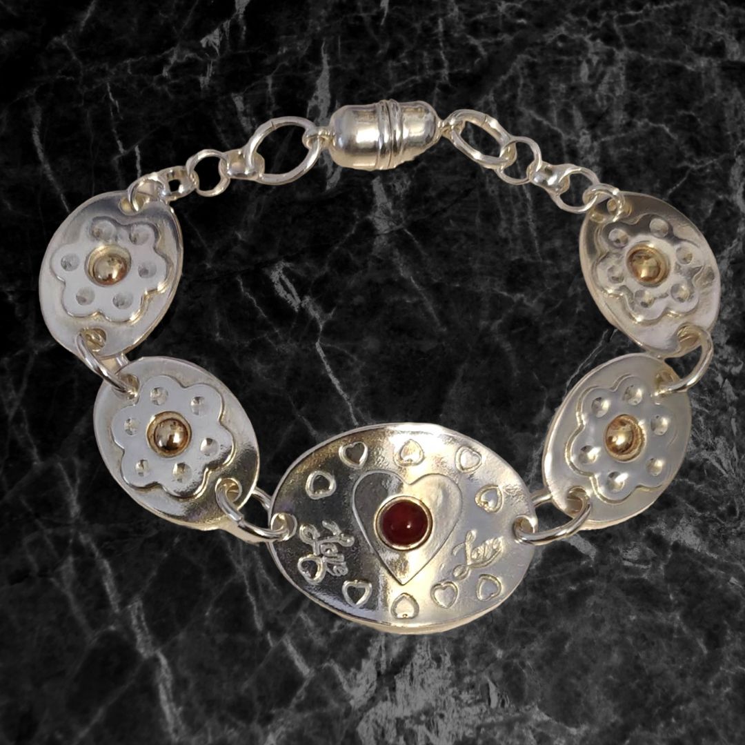 Sterling and 14k Gold 7" Love-Heart Bracelet with Carnelian Stone