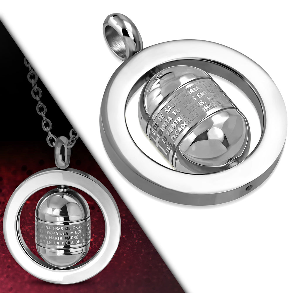 Stainless Steel Lords Prayer Engraved In Spanish Tube Spinning Circle Pendant