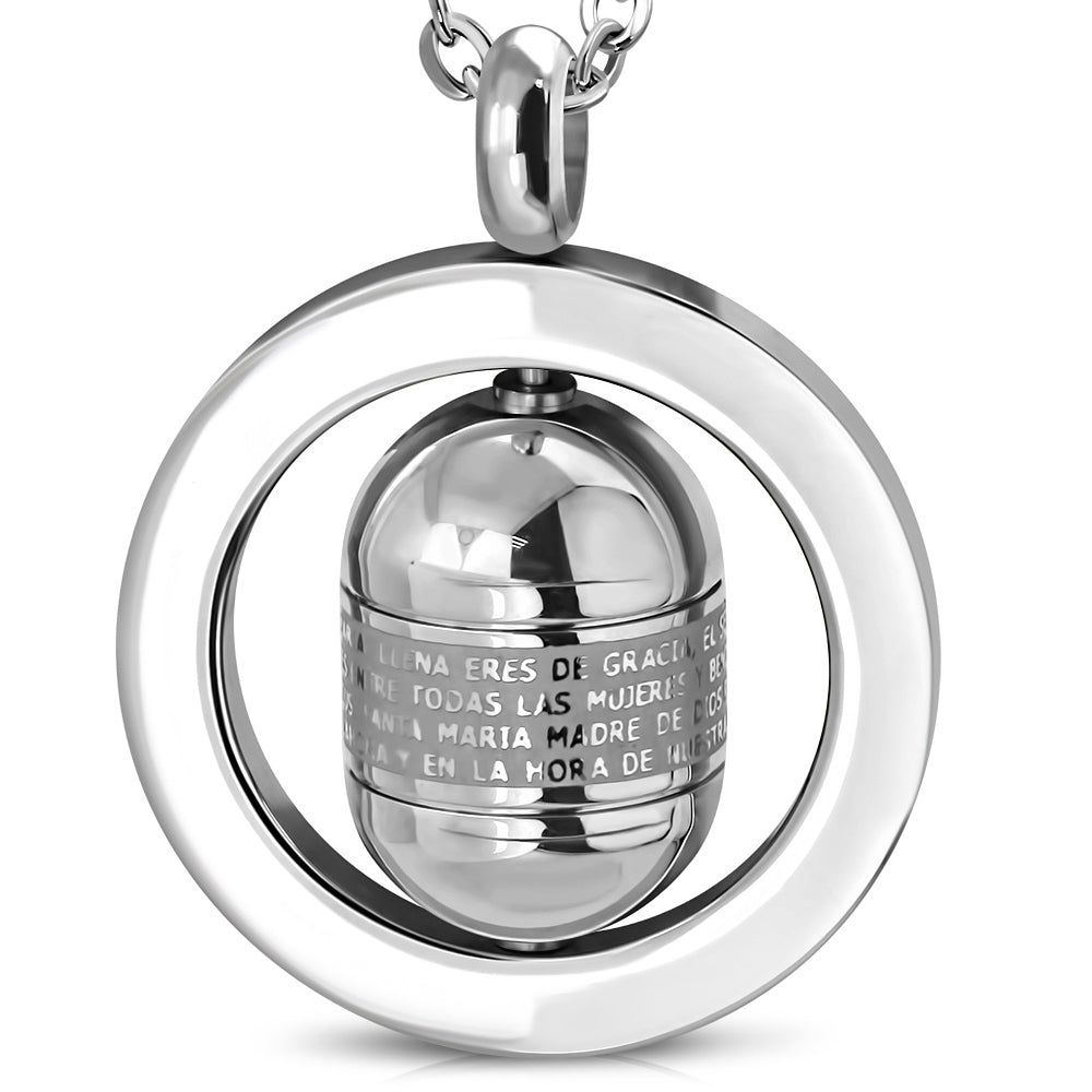 Stainless Steel Engraved The Lords Prayer In Spanish Padre Nuestro Cross Tube Spinning Circle Pendant w/Chain