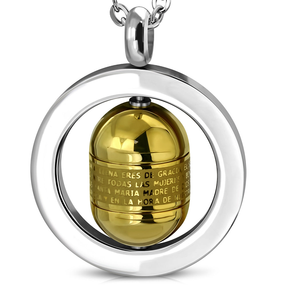Stainless Steel 2-tone Lord's Prayer Engraved In Spanish Spinning Circle Pendant