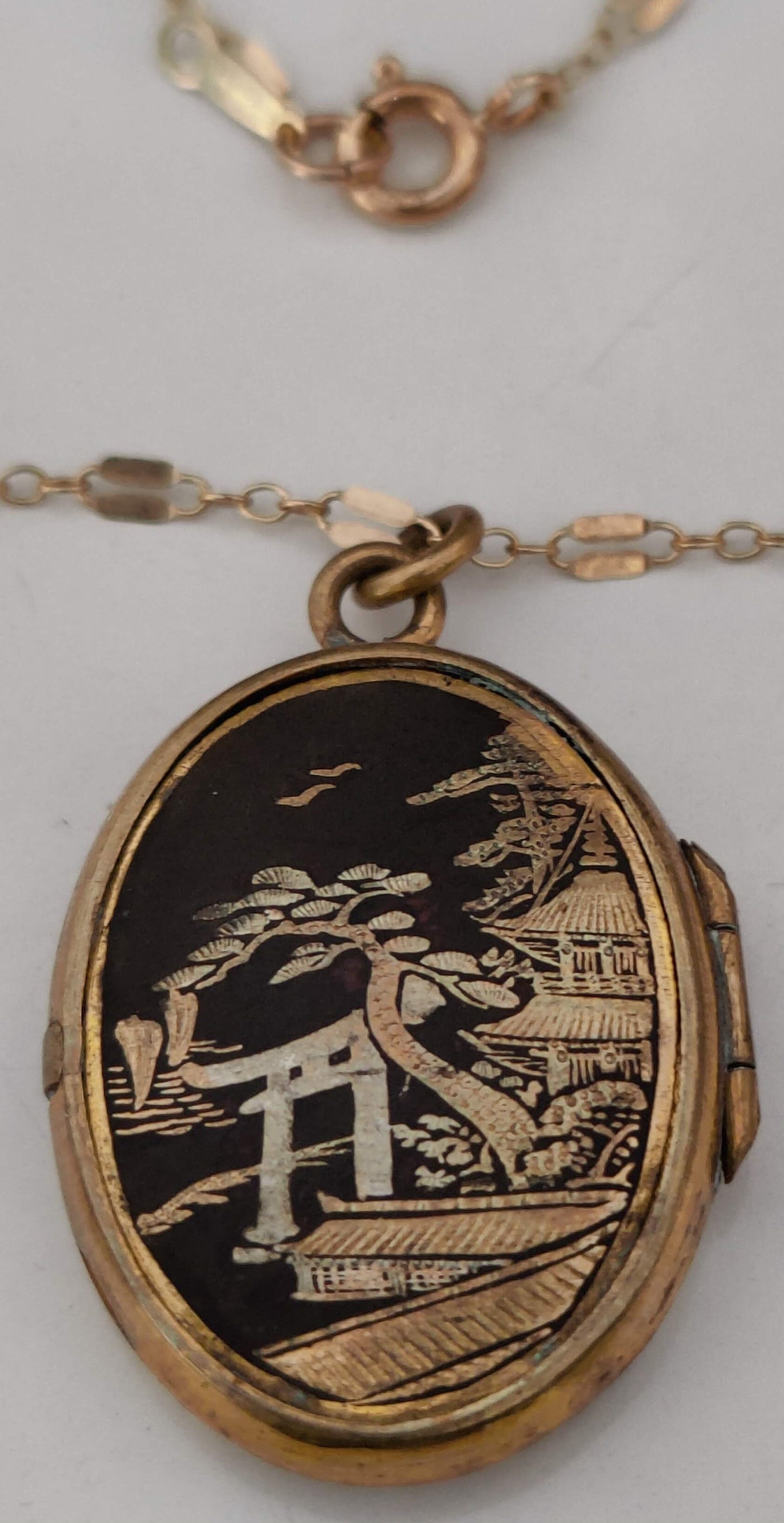 Vintage Damascene Gold and Silver Inlaided Locket w/14k Gold-filled Chain