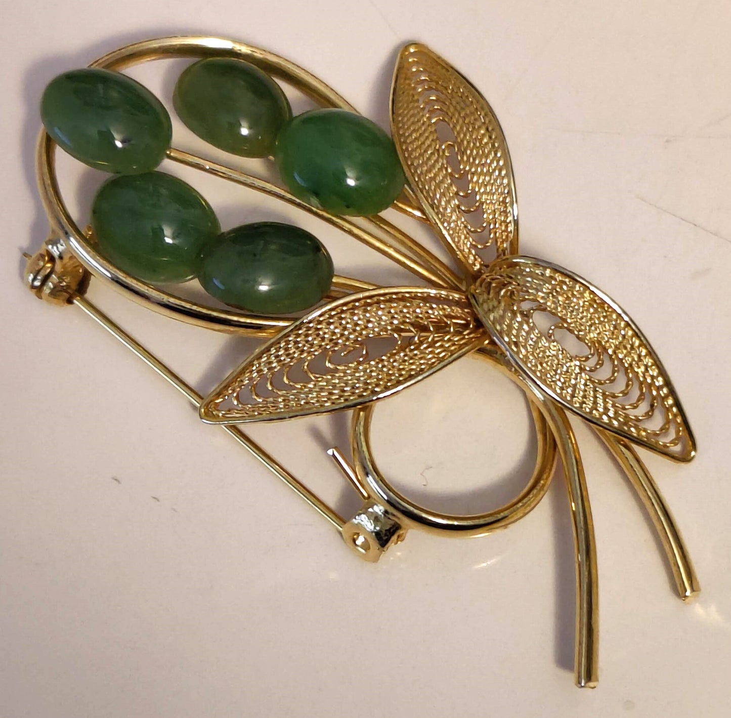Gold-tone Unique Flower Brooch w/Jade-Look-a-like Glass Cabochons