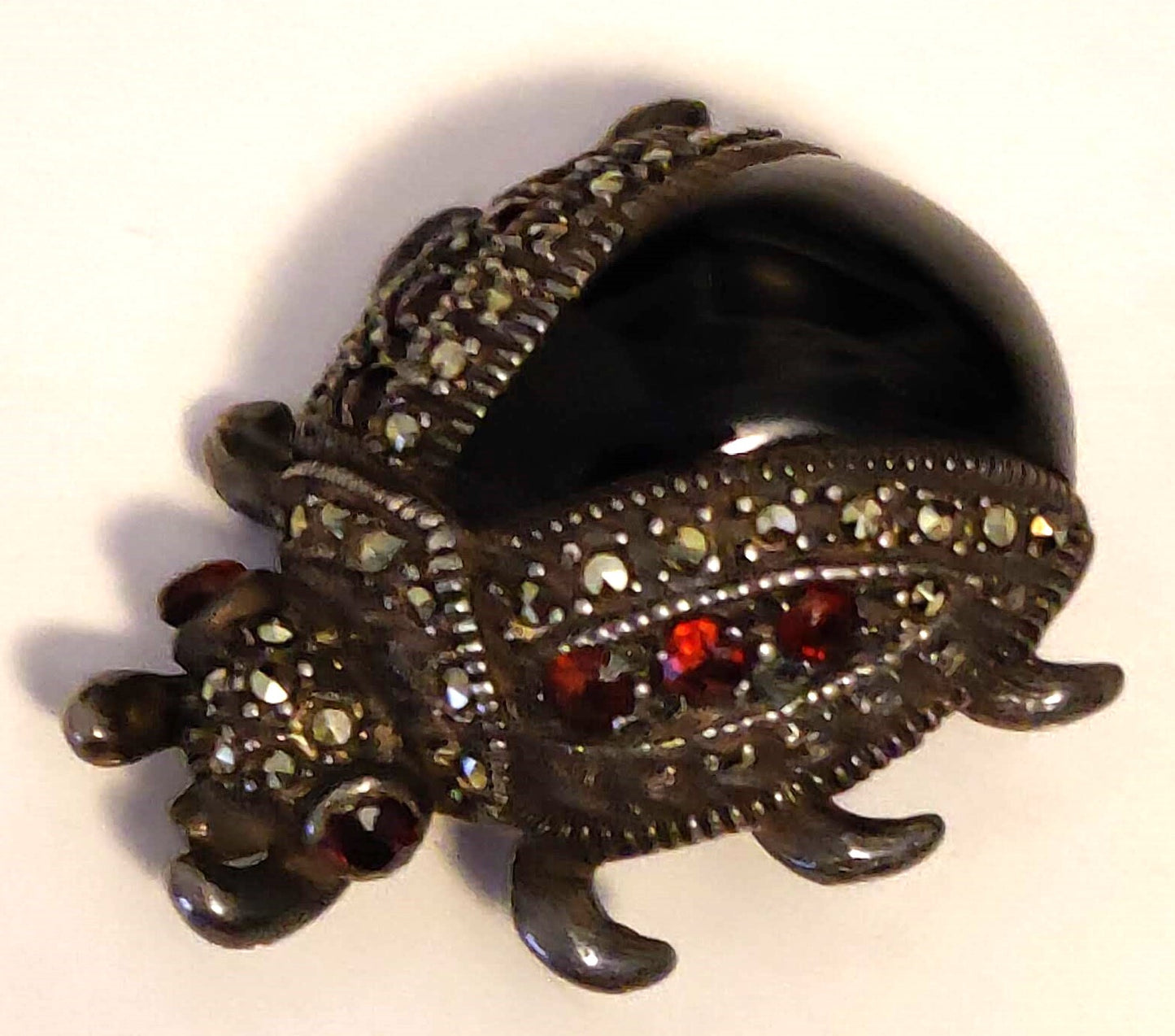 Sterling Silver Beetle Brooch w/Marcasite and Blood Red Stones