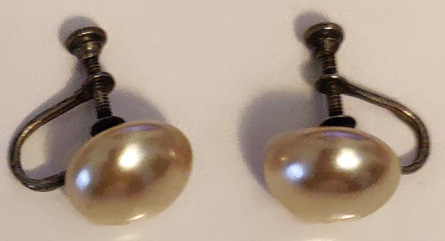 Antique Faux Button Pearl Screw-Back Sterling Silver Earrings