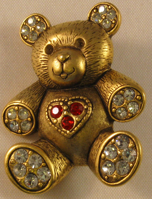 Bear w/Faceted Red and Clear Stones, Signed "©JJ" Brass/Bronze Brooch