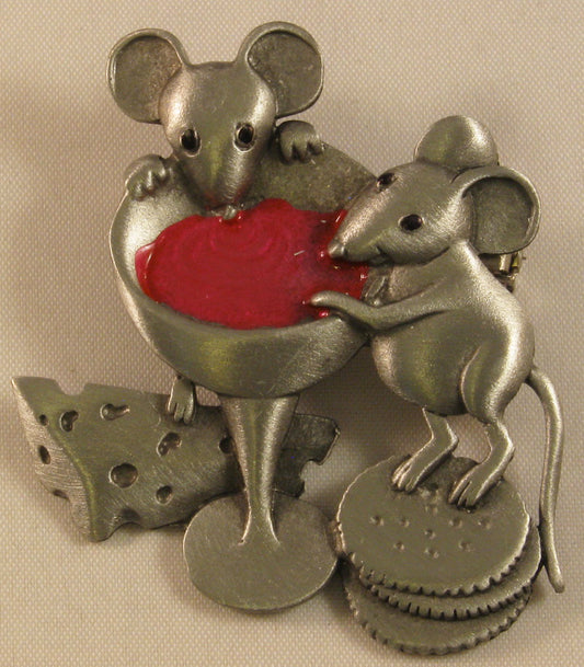 Mice Eating w/Accent Color Pewter Brooch Signed "©JJ" Jonette Jewelry Co.