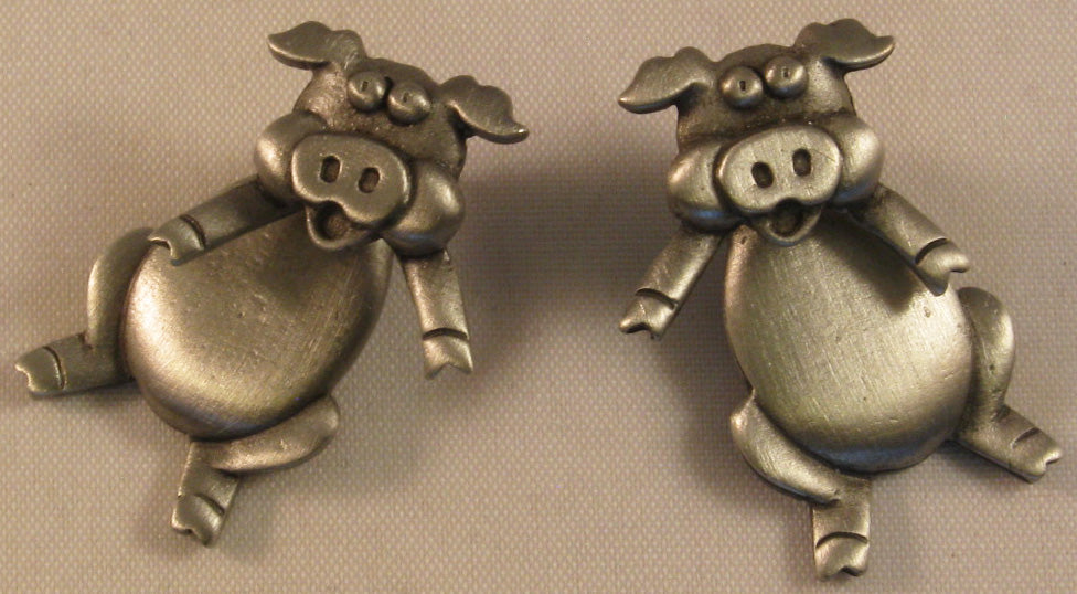 Pig Pierced Pewter Earrings Signed "©JJ" Jonette Jewelry Co.