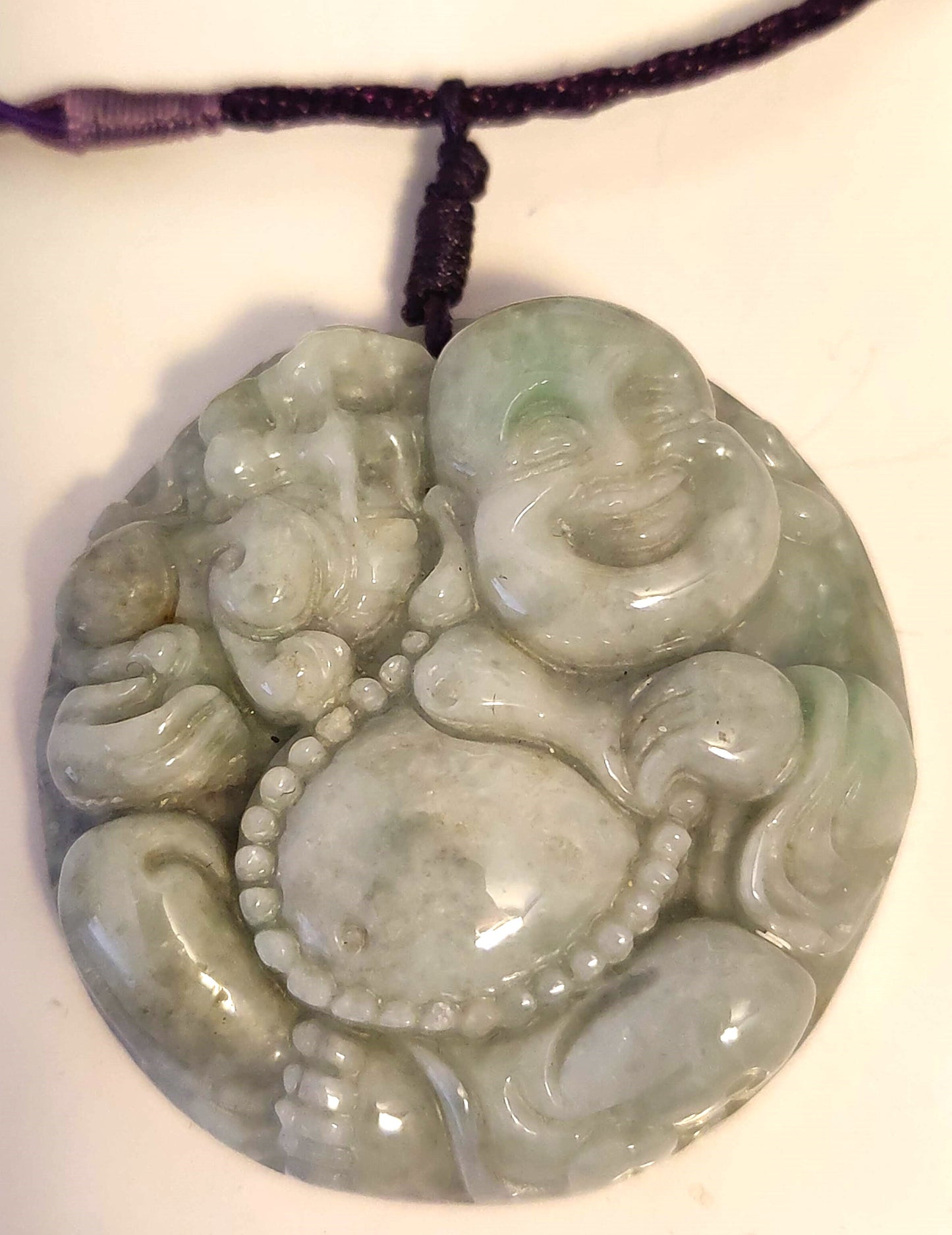 Nephrite Jade Pendant of Laughing Buddha w/Adjustable brown cord included.