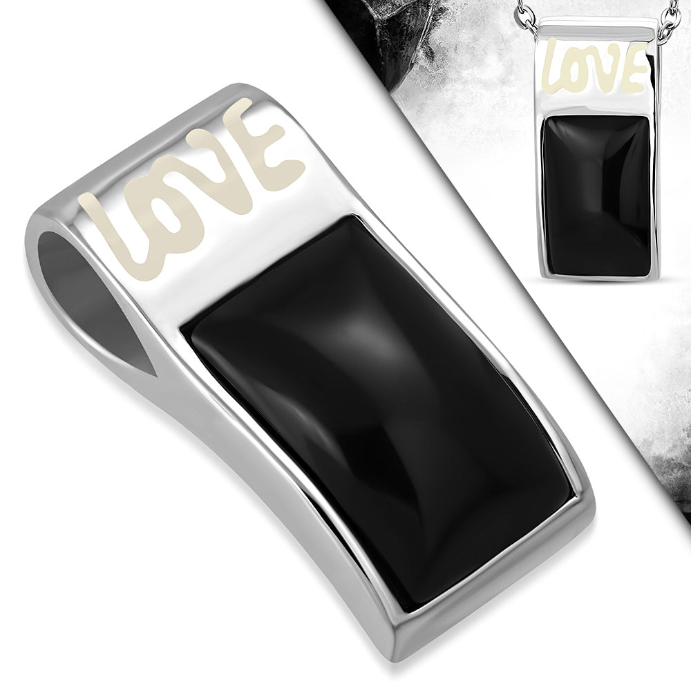 Stainless Steel Love Monogram Sport Whistle Style Pendant w/ Black Onyx Stone w/Chain