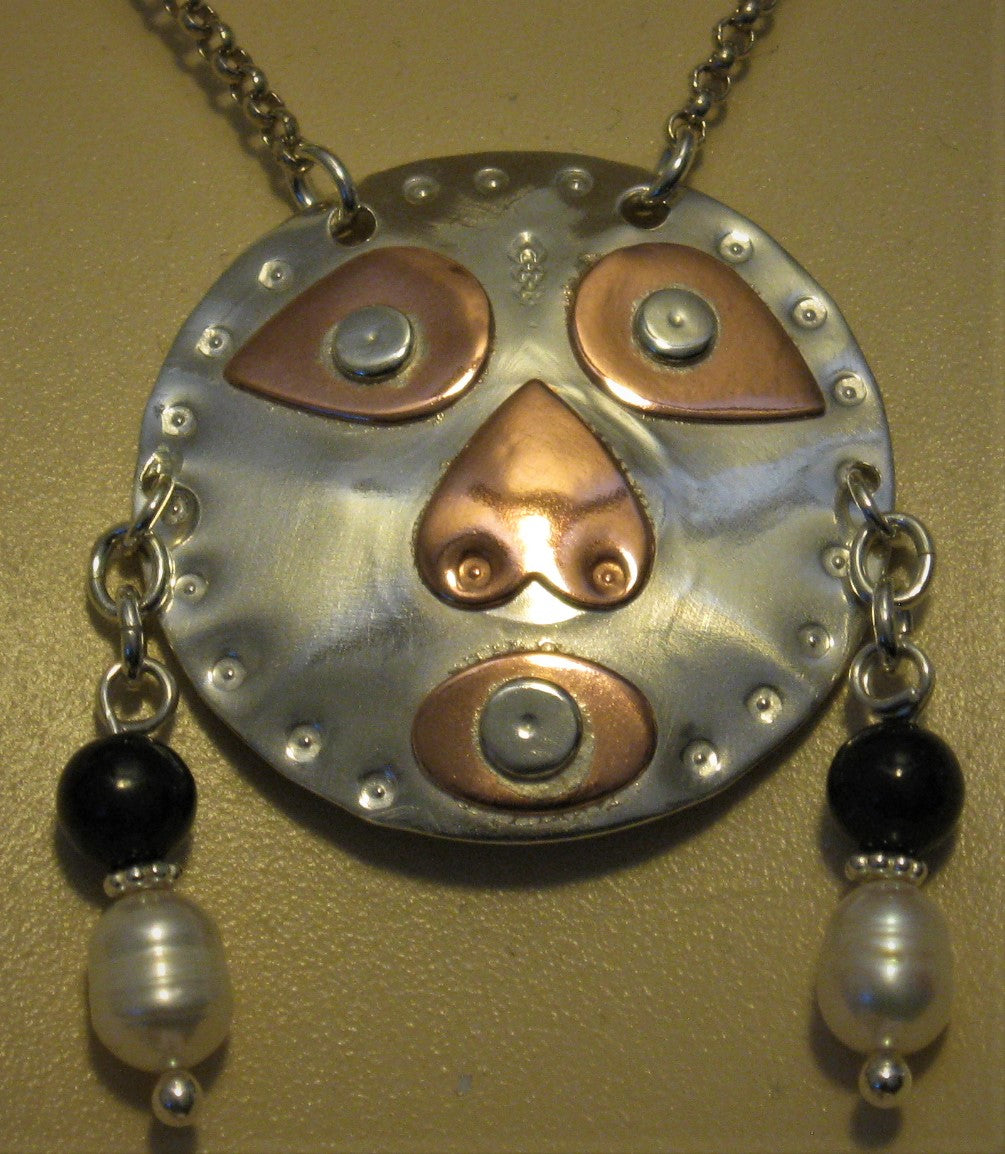Handcrafted Sterling Silver and Copper Mask Cultured Pearl & Jade Pendant