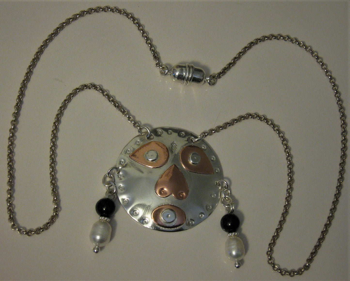 Handcrafted Sterling Silver and Copper Mask Cultured Pearl & Jade Pendant