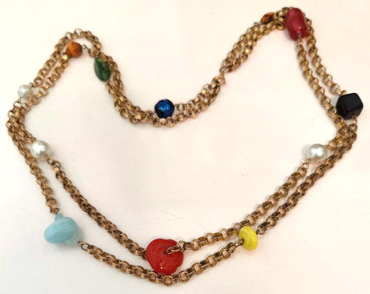 Beautiful Vintage Gold-tone Chain-Link Necklace with a Variation of Glass Bead Attachments.