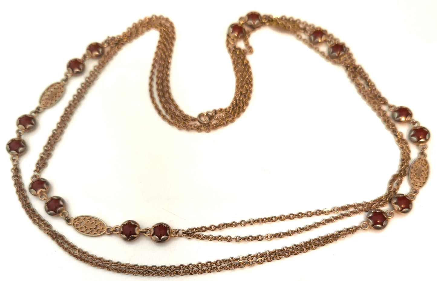Beautiful Vintage Gold-tone Chain-Link Necklace with Bevel-set Carnelian Stones Attachments.