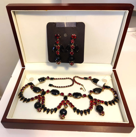 Vintage Blood Red Prong-Set Faceted Glass Stones Necklace and Screw-back Earrings Set in Case