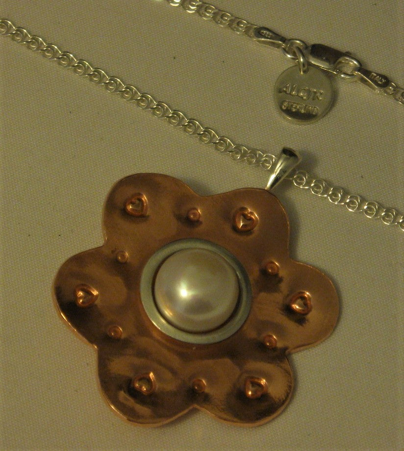 Copper and Sterling Silver One-of-a-kind Pearl Pendant w/18" Sterling Chain