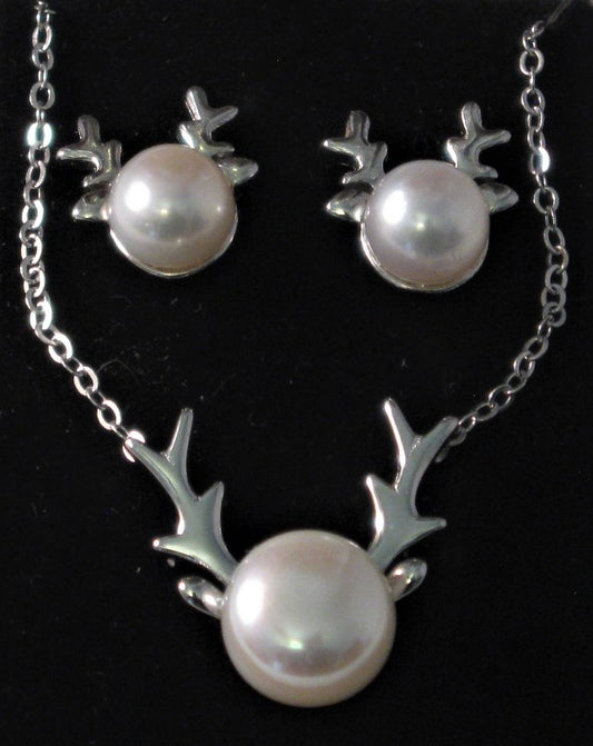 Matching Set: White Cultured Pearl Elk Antlers Earrings and Necklace in Sterling Silver
