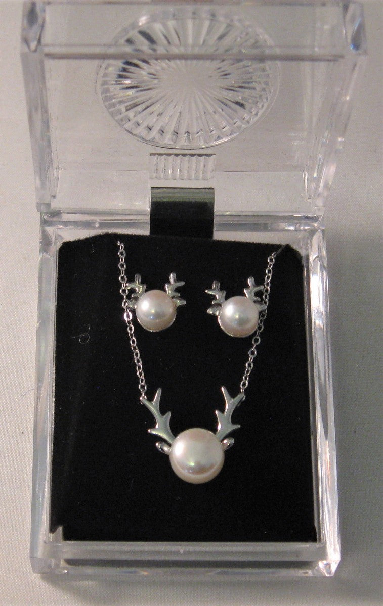 Matching Set: White Cultured Pearl Elk Antlers Earrings and Necklace in Sterling Silver