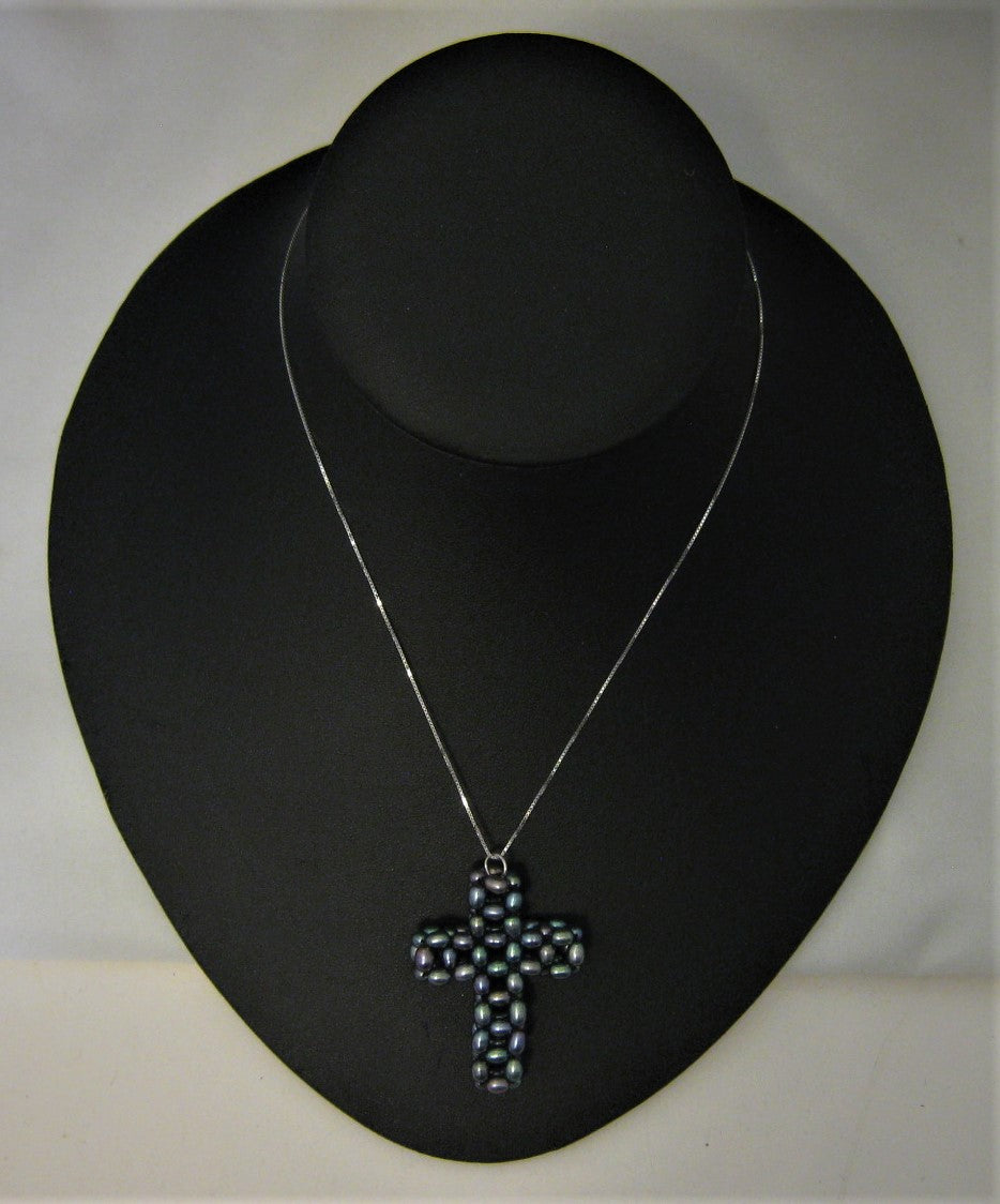 Rice Cultured Pearl Cross Pendant (Black-tone) w/Sterling Silver Chain