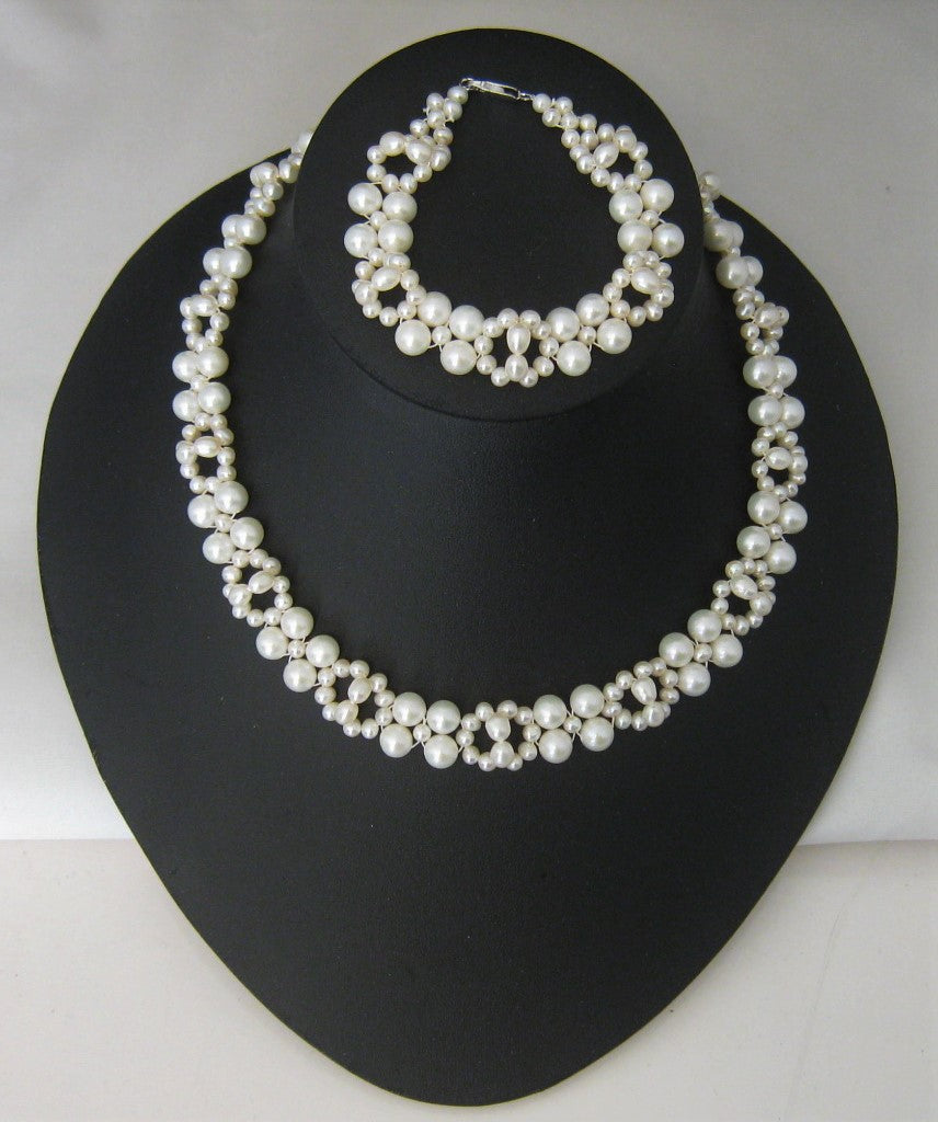 White Cultured Pearl Necklace & Bracelet Set w/Sterling Silver Clasp
