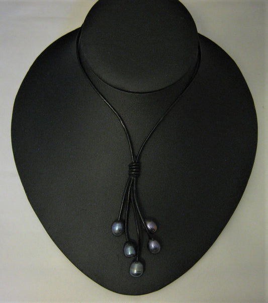 Deep Blue/Gray Rice Cultured Pearl w/Black Leather Drop 18" Necklace