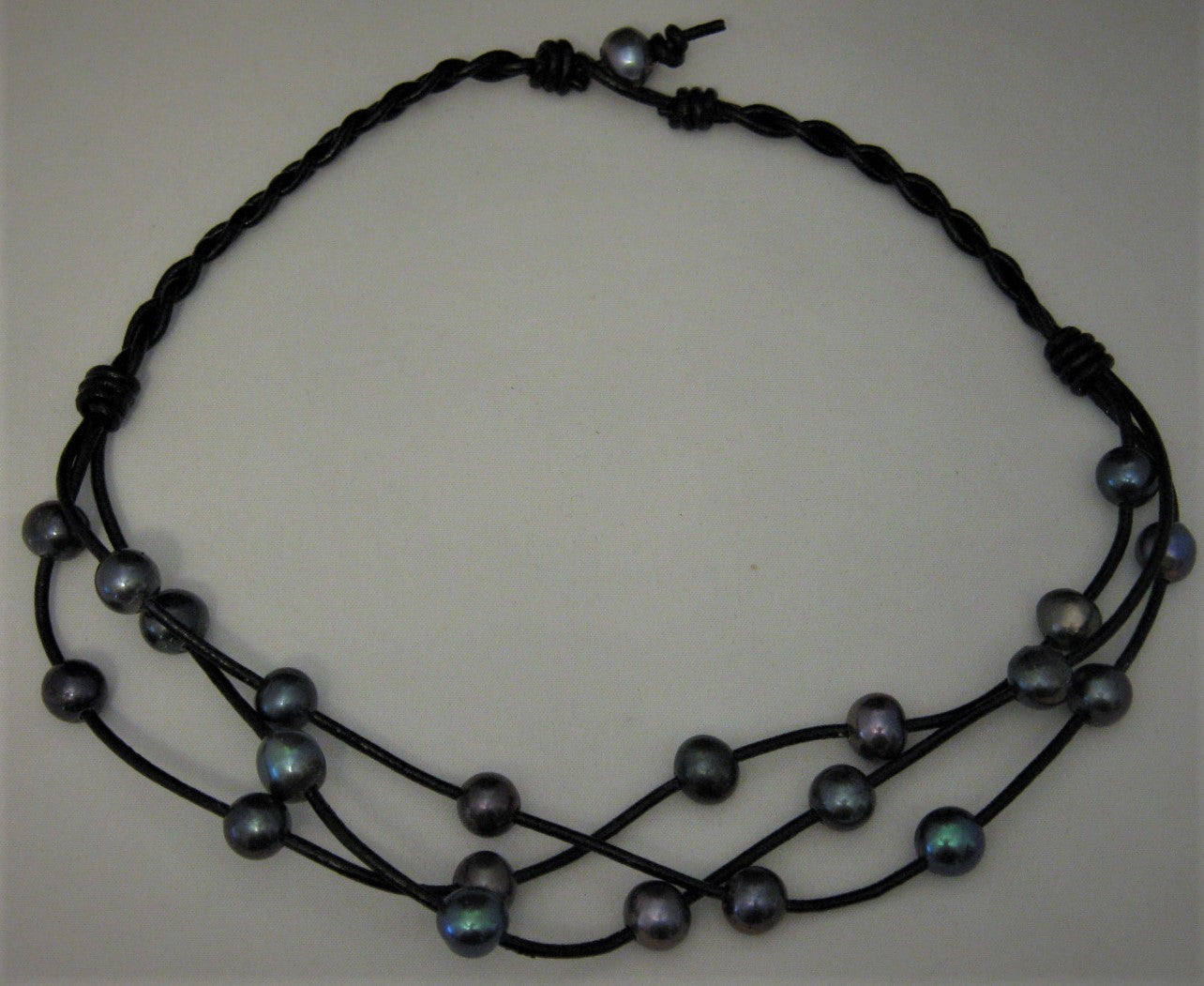 Black Potato Cultured Pearl 3-Strand w/Black 18" Leather Lariat Necklace