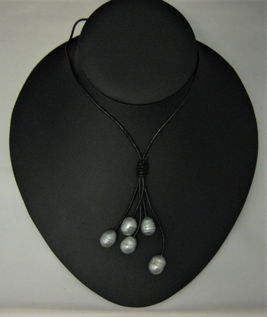 Gray Rice Cultured Pearl w/Black Leather Drop 18" Necklace