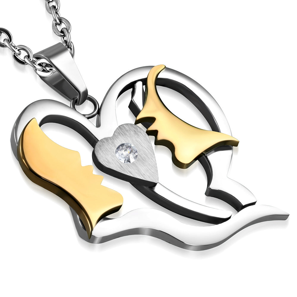 Stainless Steel 2-tone Burnish Set First Kiss Open Love Heart Charm Pendant w/ Clear CZ w/Chain
