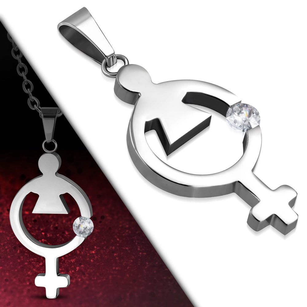 Stainless Steel Female Gender Symbol Charm Pendant w/ Clear CZ w/Chain