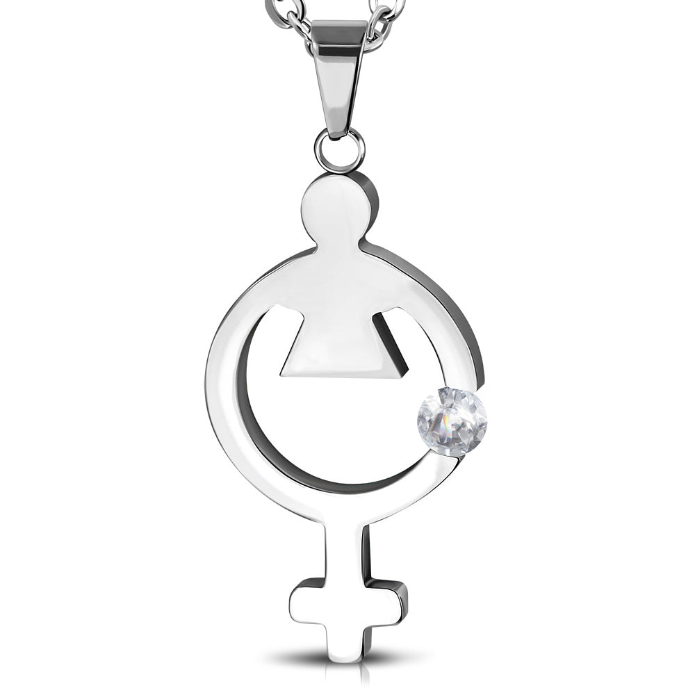 Stainless Steel Female Gender Symbol Charm Pendant w/ Clear CZ w/Chain