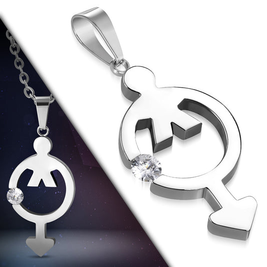 Stainless Steel Male Gender Symbol Charm Pendant w/ Clear CZ w/Chain