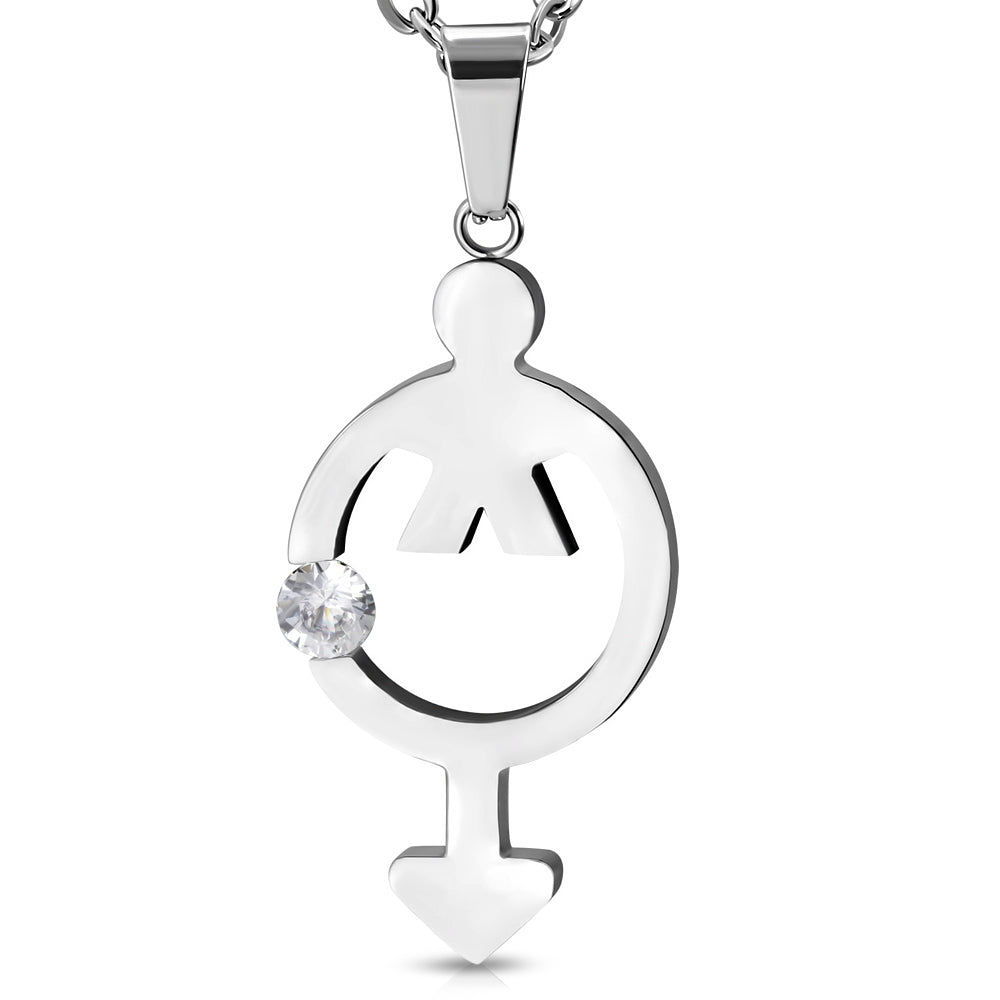 Stainless Steel Male Gender Symbol Charm Pendant w/ Clear CZ w/Chain