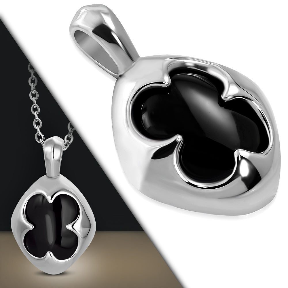 Stainless Steel Flower Oval Charm Pendant w/ Black Onyx Stone w/Chain